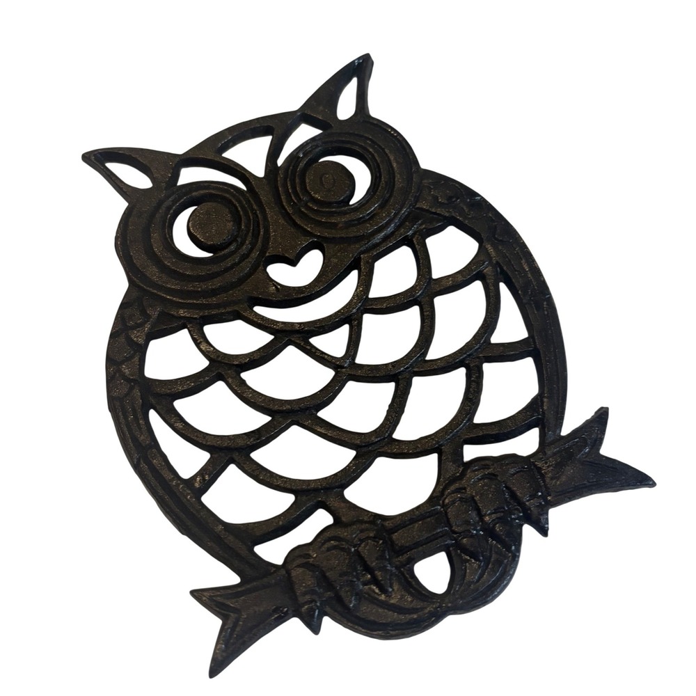 Vintage Black Cast Iron Owl Trivet Decor Pot Holder Rustic Farmhouse MCM REtro